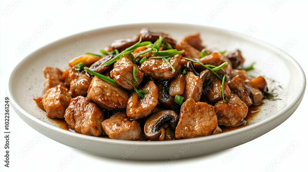 Tender stir-fried pork pieces mixed with mushrooms and topped with fresh green onions. The dish is glazed in a savory sauce, offering a delicious and hearty meal on a white plate. Tender stir-fried pork pieces mixed with mushrooms and topped with fresh green onions. The dish is glazed in a savory sauce, offering a delicious and hearty meal on a white plate.