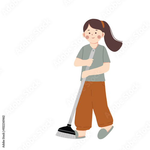 a woman is doing sweeping housework