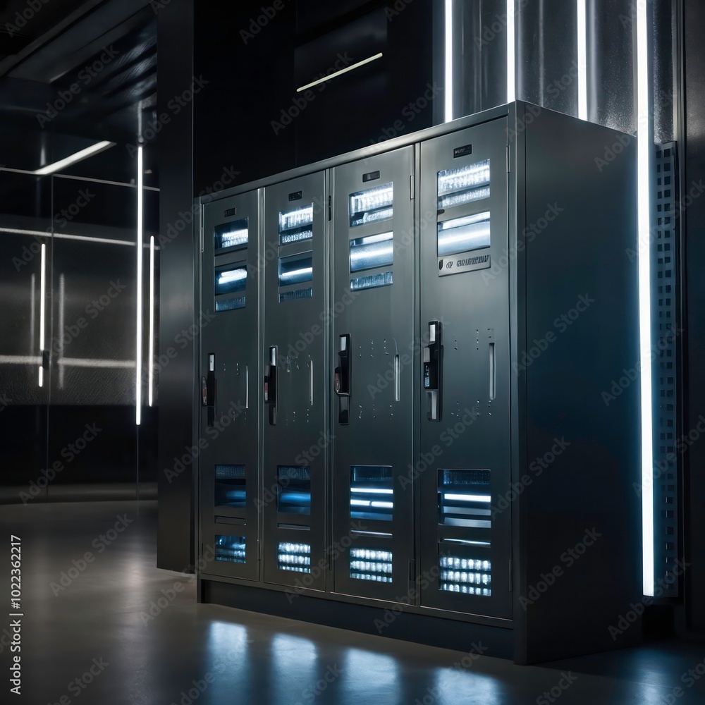 A row of industrial gray lockers displaying visible dents and scratches A row of industrial gray lockers displaying visible dents and scratches