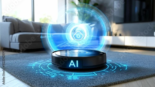 Futuristic AI Robot Vacuum with Holographic Display in Modern Home