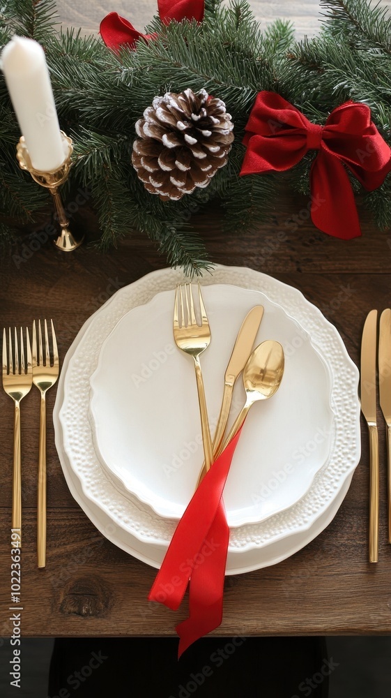 Christmas table setting with empty plate, cutlery,napkin and glass in holiday dinner,Happy New Year,gifts,mistletoe decorations on table,Xmas festive dinner,Simple living,copy space. Christmas table setting with empty plate, cutlery,napkin and glass in holiday dinner,Happy New Year,gifts,mistletoe decorations on table,Xmas festive dinner,Simple living,copy space.