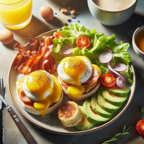 Enjoyable Brunch with Benedict Eggs, English Muffin, Bacon, and Salad, Perfect Morning Meal photo