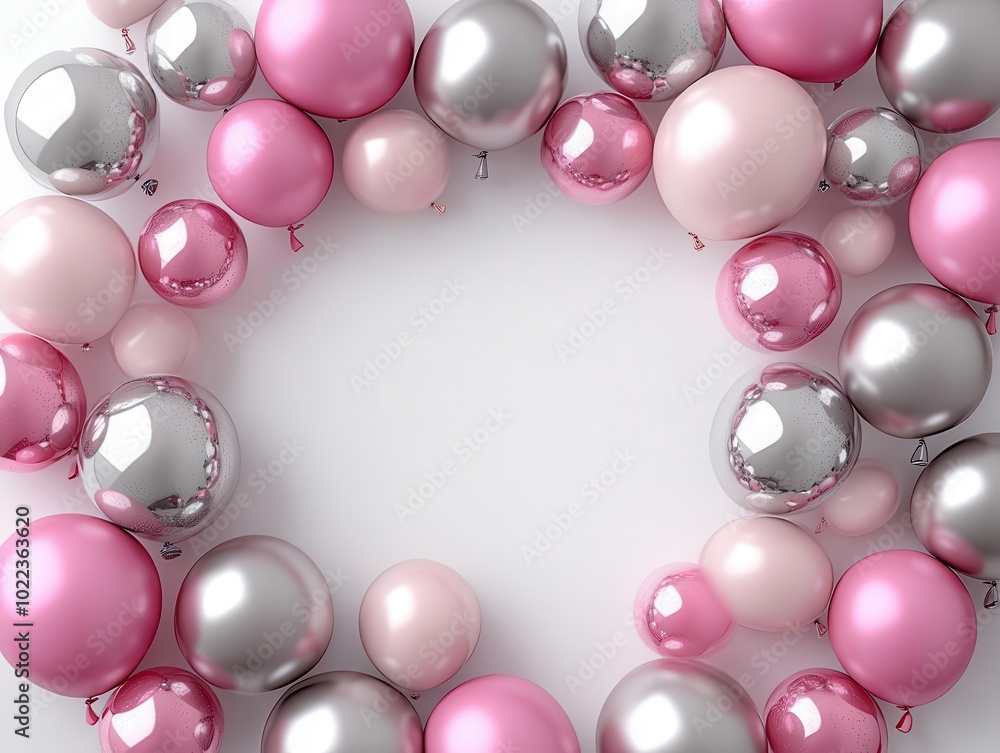 pink and silver balloons create a festive border on a clean white background, leaving a central area blank for event announcements or celebrations, conveying joy and festivity pink and silver balloons create a festive border on a clean white background, leaving a central area blank for event announcements or celebrations, conveying joy and festivity