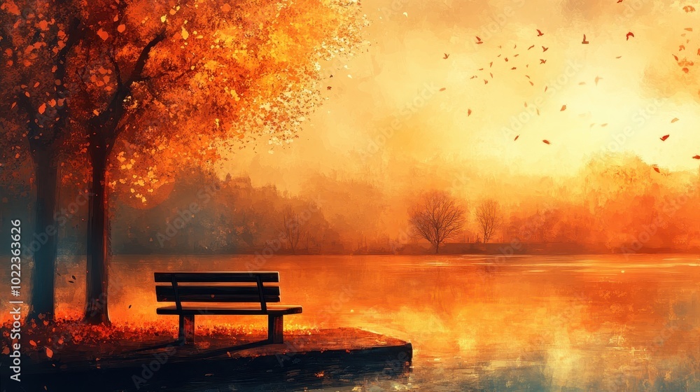 A Lonely Bench by a Lake Under an Autumnal Sky A Lonely Bench by a Lake Under an Autumnal Sky