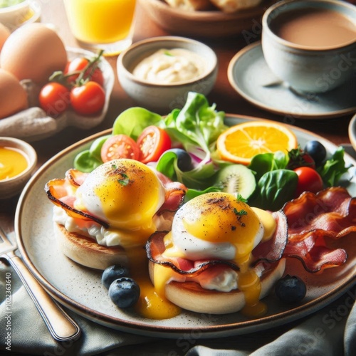 Enjoyable Brunch with Benedict Eggs, English Muffin, Bacon, and Salad, Perfect Morning Meal photo