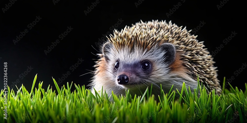 Fototapeta premium A Curious Hedgehog Peeking Through a Patch of Lush Green Grass, Its Small Black Nose and Large Dark Eyes Focused on Something Beyond the Frame, Creating an Intriguing Moment of Wonder and Curiosity.