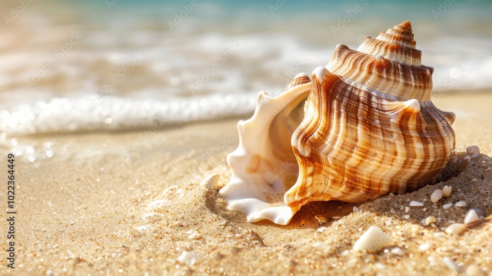Close-Up of a Seashell on the Beach with Sand Grains Close-Up of a Seashell on the Beach with Sand Grains