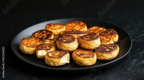 Traditional Russian chocolate syrniki served on a black plate, featuring small round pancakes made from cottage cheese and chocolate, fried until golden brown. This delicious dish showcases the crispy