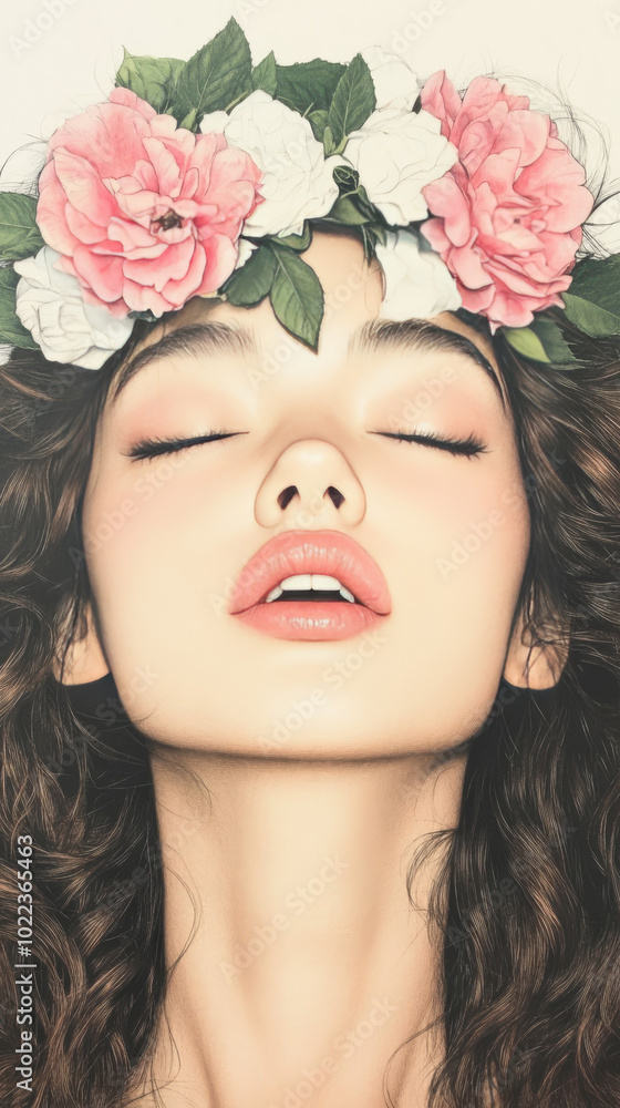 Naklejka premium Woman with closed eyes wearing a floral crown.