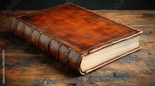 A vintage leather-bound book resting on a wooden surface.