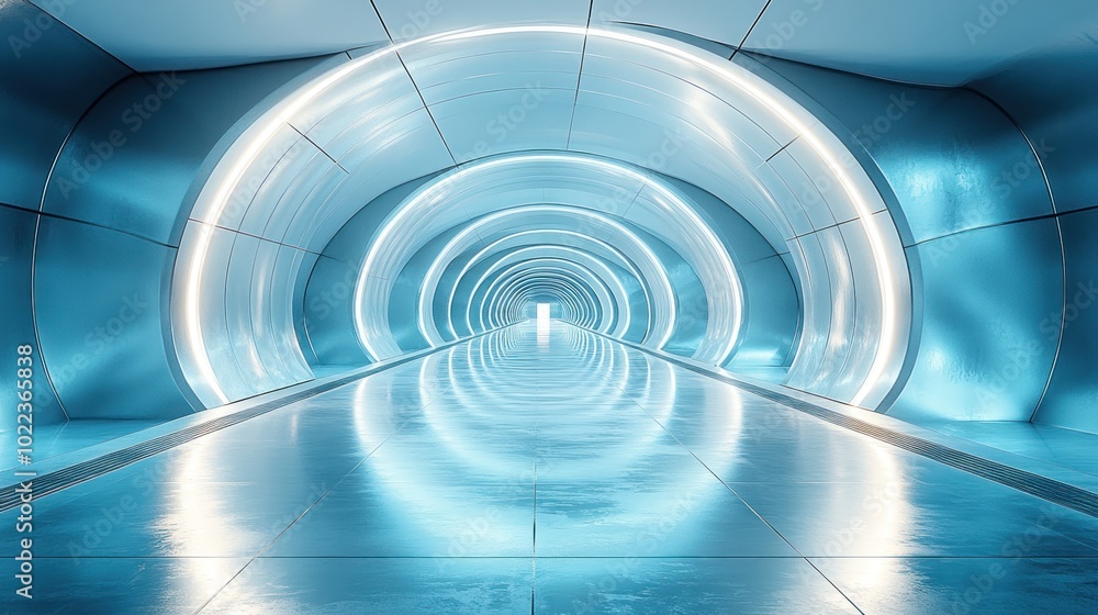 Fototapeta premium Futuristic tunnel with glowing lights and reflective surfaces.