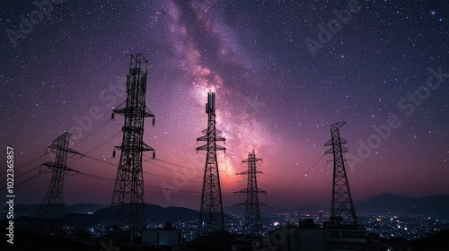 From below wonderful view of media antenna and silhouettes of electricity high voltage power towers against night city on horizon and gorgeous Milky Way in clear sky