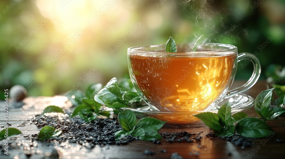 A steaming cup of tea surrounded by fresh leaves on a wooden table. A steaming cup of tea surrounded by fresh leaves on a wooden table.