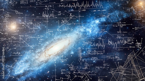 A mesmerizing stock photo featuring intricate mathematical and physical formulas floating against a backdrop of a stunning galaxy in the universe photo