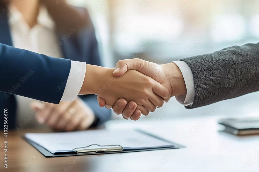 Close-up of a business woman shaking hands with a male customer at a desk in an office, working together to complete a contract document and achieve a successful meeting. Close-up of a business woman shaking hands with a male customer at a desk in an office, working together to complete a contract document and achieve a successful meeting.