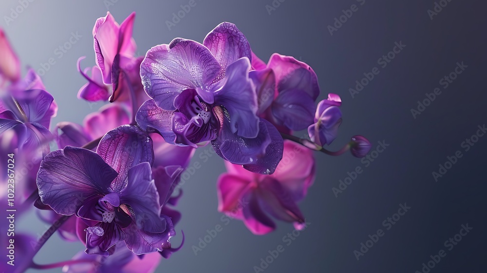 A deep purple orchid flower isolated on a gray background. A deep purple orchid flower isolated on a gray background.