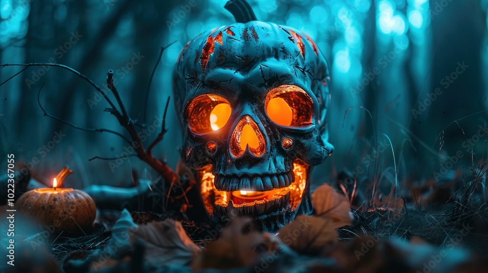 Mysterious Skull with Radiant Eyes and a Pumpkin in Its Mouth: An Iconic Halloween Scene Mysterious Skull with Radiant Eyes and a Pumpkin in Its Mouth: An Iconic Halloween Scene