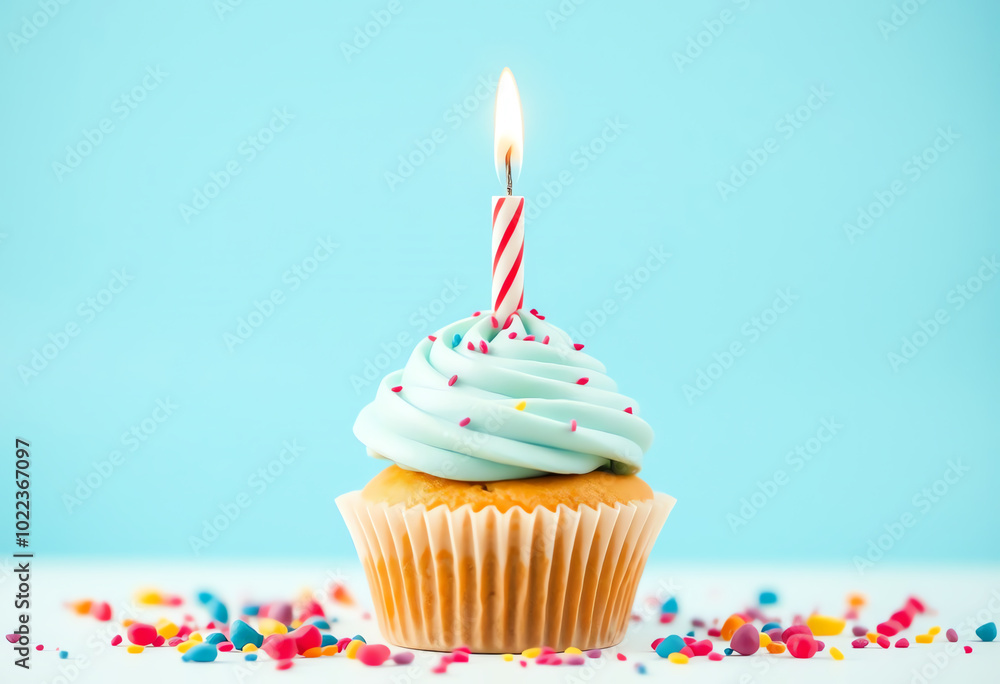 Cupcake With One Candle in blue background Cupcake With One Candle in blue background