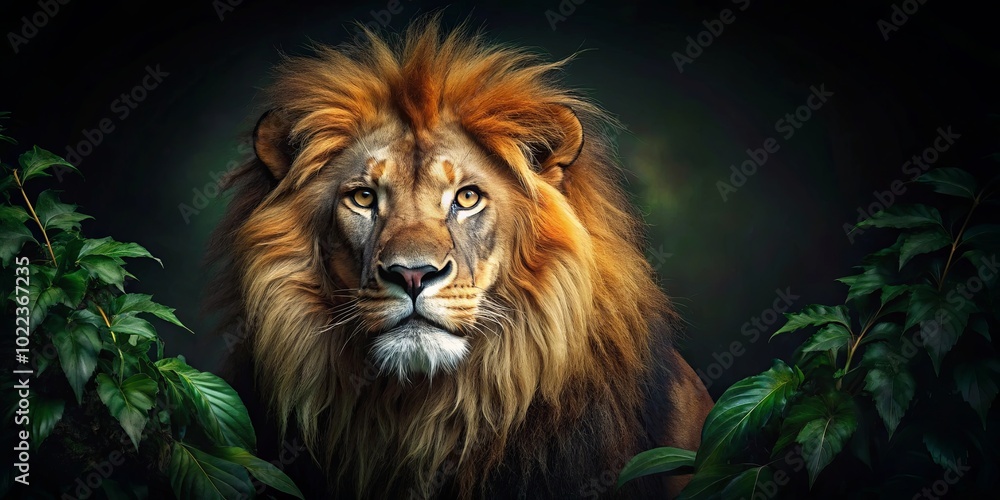 Fototapeta premium The Majestic Gaze of a Lion, Framed by Lush Foliage, Captures the Essence of Untamed Power and Wilderness
