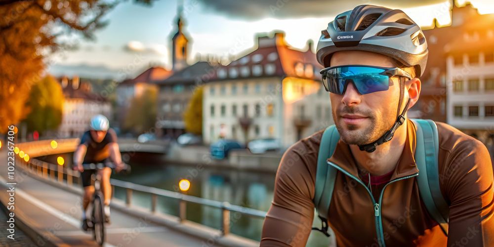 Candid Photo of Cyclist with Smart Glasses Navigating Lake Zurich - Scenic Biking Technology Concept