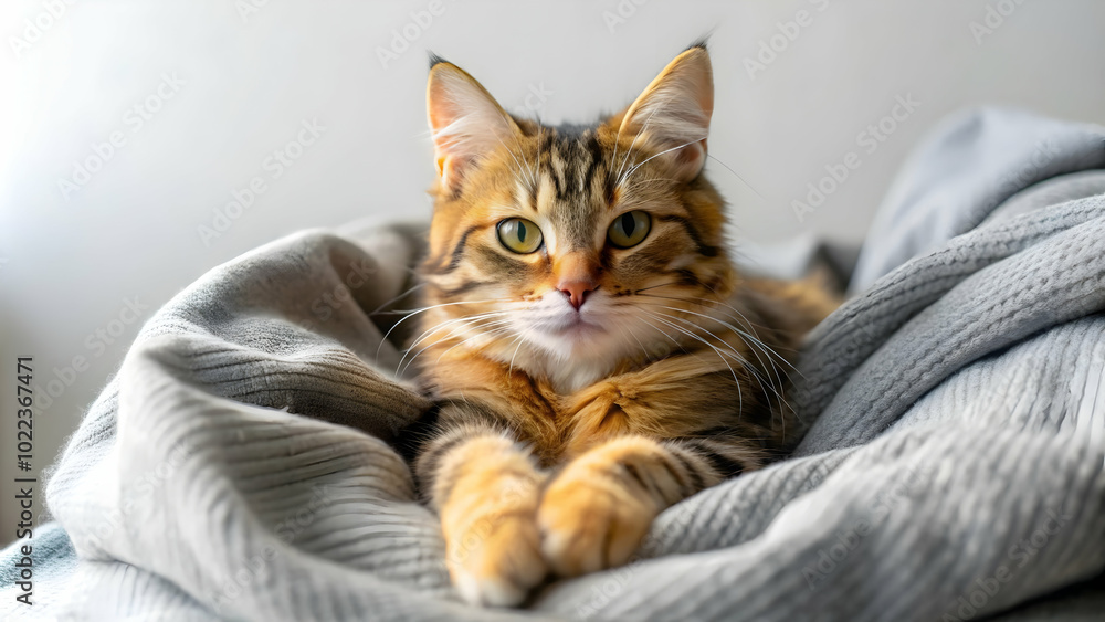 Comforting Cat Lying on Soft Bed - Cozy Pet Relaxation in a Minimalist Background, Perfect for Stock Photography Comforting Cat Lying on Soft Bed - Cozy Pet Relaxation in a Minimalist Background, Perfect for Stock Photography