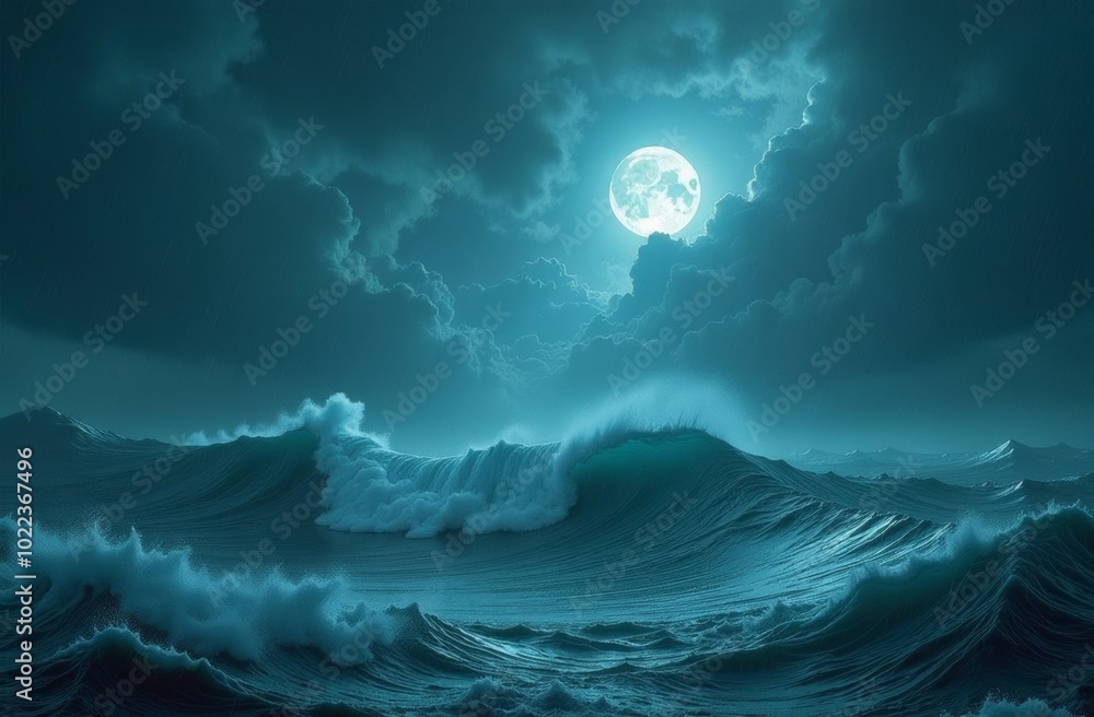 Churning ocean waves illuminated by a full moon under a night sky filled with dramatic clouds Churning ocean waves illuminated by a full moon under a night sky filled with dramatic clouds