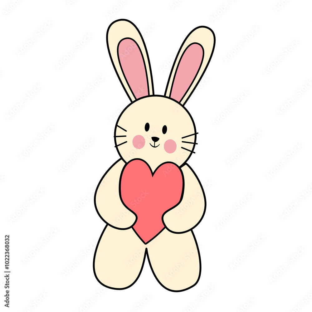 Clip art illustration of flat isolated cute easter bunny rabbit hare cartoon character hugging pink love sign at valentine day Clip art illustration of flat isolated cute easter bunny rabbit hare cartoon character hugging pink love sign at valentine day