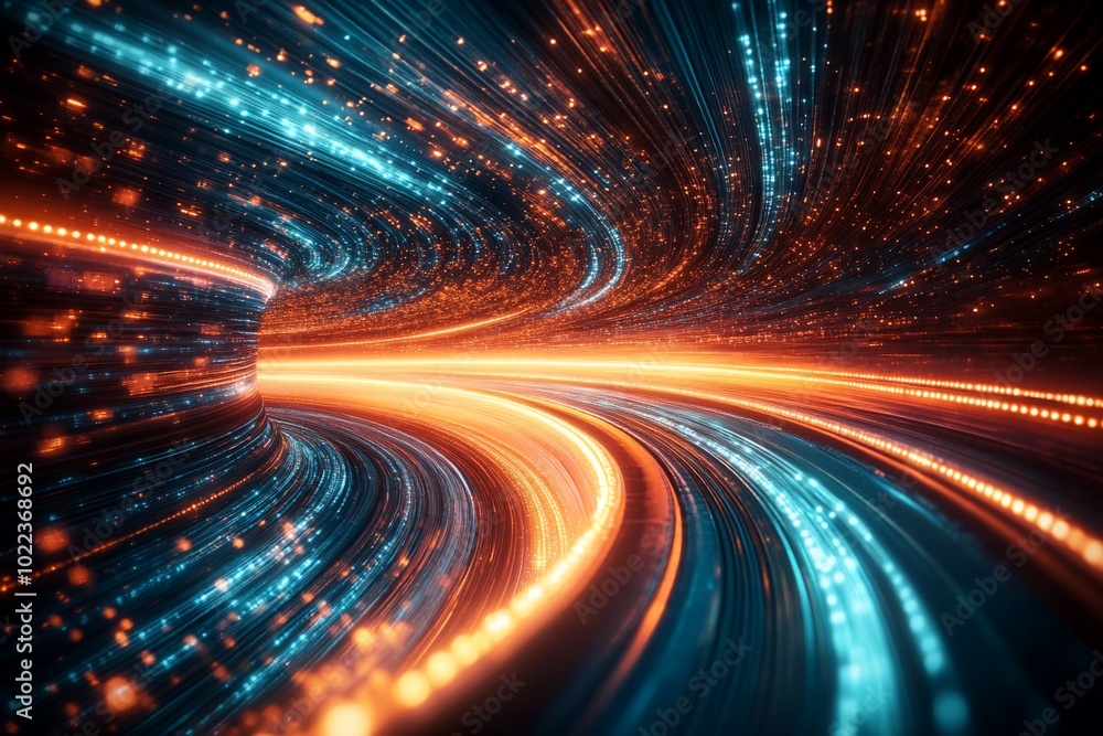 Abstract glowing tunnel with blue and orange light trails. Abstract glowing tunnel with blue and orange light trails.