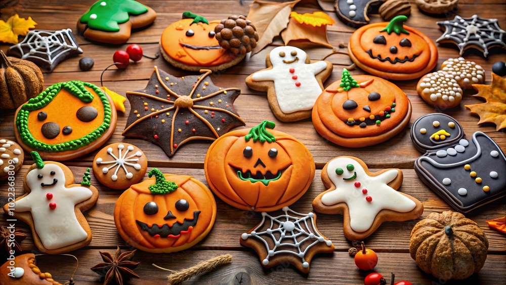 A Festive Spread of Hand-Decorated Halloween Cookies Featuring Pumpkins, Ghosts, Spiders, and Snowmen on a Rustic Wooden Surface A Festive Spread of Hand-Decorated Halloween Cookies Featuring Pumpkins, Ghosts, Spiders, and Snowmen on a Rustic Wooden Surface