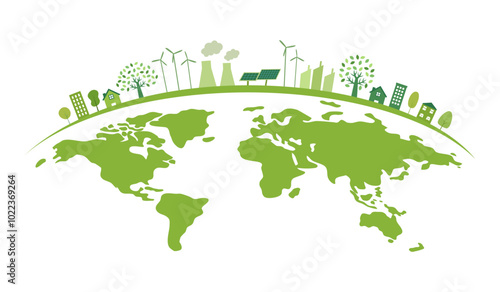 Ecology concept with green city on earth, World environment and sustainable development concept vector illustration.