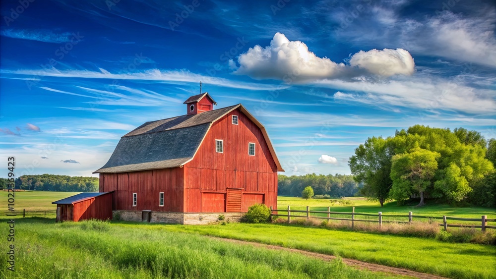 A bright red barn stands proudly on a green meadow, with a clear blue sky adorned with wispy clouds above, casting a gentle shadow on the rustic structure. A bright red barn stands proudly on a green meadow, with a clear blue sky adorned with wispy clouds above, casting a gentle shadow on the rustic structure.