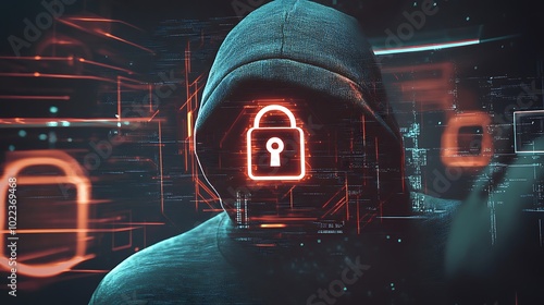 Double exposure technique is used to superimpose the image of a hacker onto a futuristic digital landscape filled with intricate security symbols and a symbolic padlock