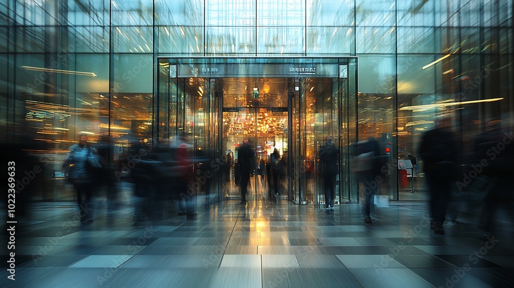 Blurred motion of people entering a glass building entrance. Blurred motion of people entering a glass building entrance.