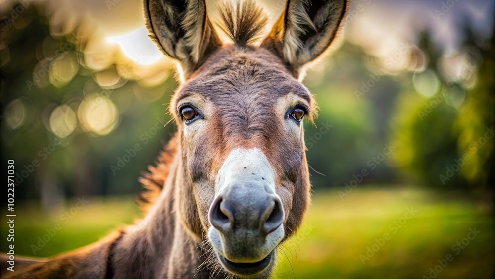 A Curious Donkey Gazes Directly Into the Camera, Its Fur Softly Illuminated by Warm Sunset Light, Creating a Captivating Portrait of This Gentle and Intelligent Animal A Curious Donkey Gazes Directly Into the Camera, Its Fur Softly Illuminated by Warm Sunset Light, Creating a Captivating Portrait of This Gentle and Intelligent Animal