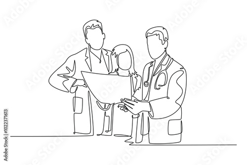 Continuous one line drawing group of team doctor discussing and diagnosing patient x-ray photo result at hospital. Medical health care services concept. Single line design vector graphic illustration