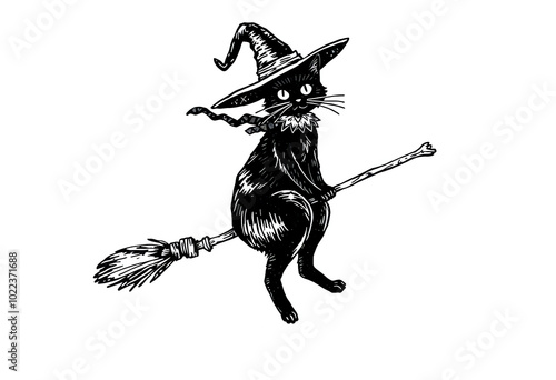 Black cat rides the broom magic of the witch hand drawn ink style illustration
