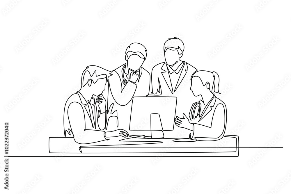 Single continuous line drawing group of male and female doctor discus while watching medical record patient on computer. Hospital health care concept. One line draw graphic design vector illustration Single continuous line drawing group of male and female doctor discus while watching medical record patient on computer. Hospital health care concept. One line draw graphic design vector illustration