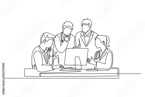 Single continuous line drawing group of male and female doctor discus while watching medical record patient on computer. Hospital health care concept. One line draw graphic design vector illustration