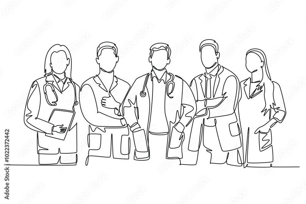 Single one line drawing group of talented male and female doctors standing and posing together at hospital. Medical health care services treatment. Continuous line design graphic vector illustration Single one line drawing group of talented male and female doctors standing and posing together at hospital. Medical health care services treatment. Continuous line design graphic vector illustration