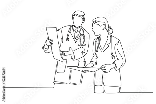 Single one line drawing couple male and female doctor discussing and diagnosing patient x-ray photo result together. Medical healthcare concept. Continuous line draw design graphic vector illustration