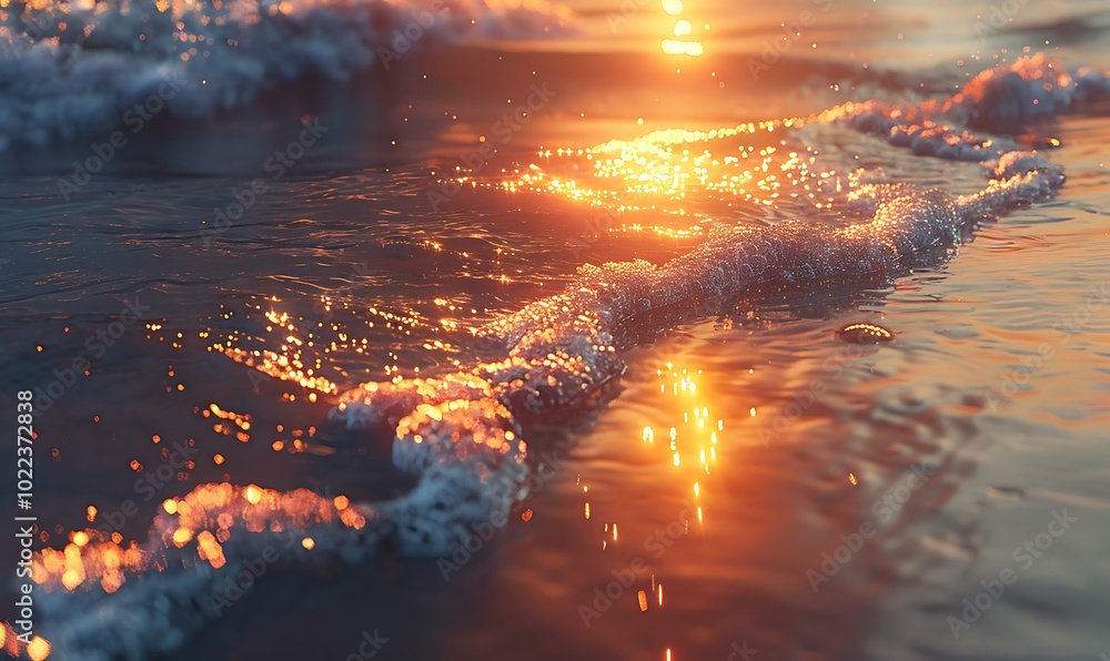 Beautiful wave splashing on the beach at sunset.
