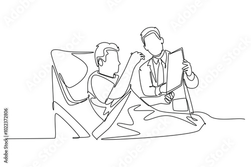 Single one line drawing male doctor discuss positive health progress with old cancer patient who laying on hospital bed. Medical care services. Continuous line draw design graphic vector illustration