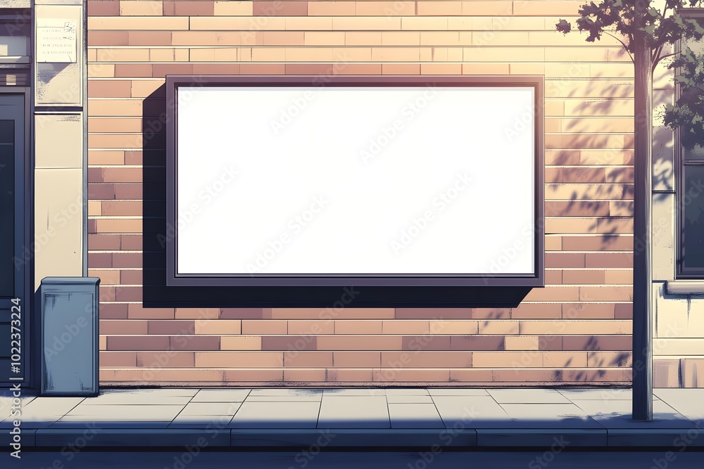 A blank advertising billboard on a brick wall, surrounded by a tree and street elements, creating an urban aesthetic. A blank advertising billboard on a brick wall, surrounded by a tree and street elements, creating an urban aesthetic.