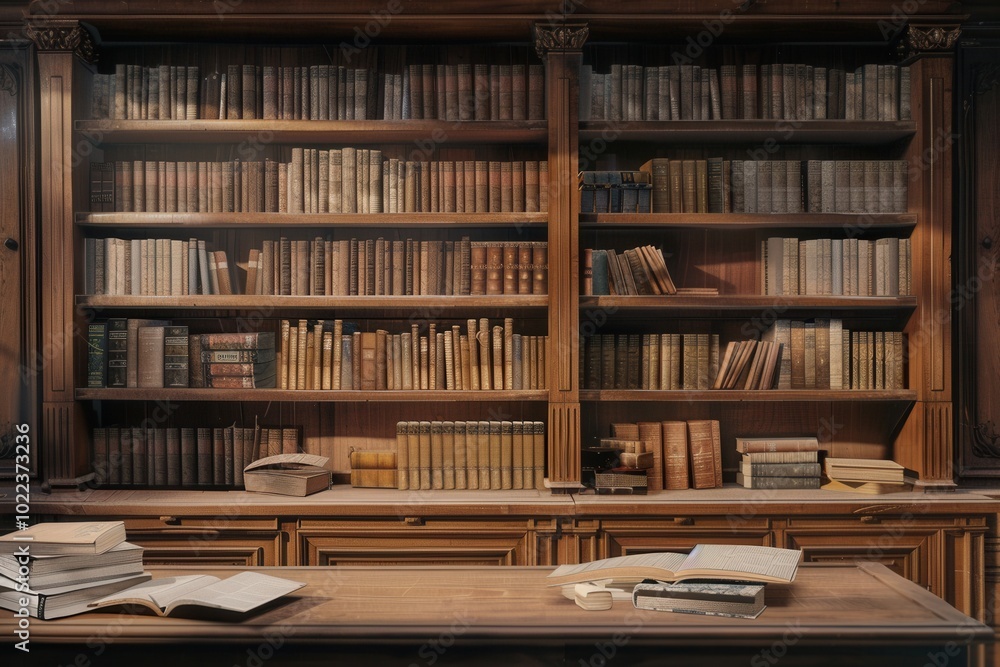A collection of wooden shelves brimming with textbooks and academic literature, creating a scholarly atmosphere in a study. Generative AI A collection of wooden shelves brimming with textbooks and academic literature, creating a scholarly atmosphere in a study. Generative AI