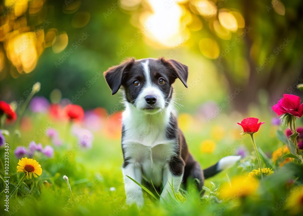 Adorable Black and White Retriever Terrier Mixed Breed Puppy in a Lush Green Park