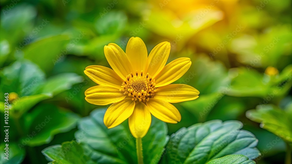 A Bright Yellow Wildflower Blooms Amidst Lush Green Foliage, Bathed in the Soft Glow of Sunlight A Bright Yellow Wildflower Blooms Amidst Lush Green Foliage, Bathed in the Soft Glow of Sunlight