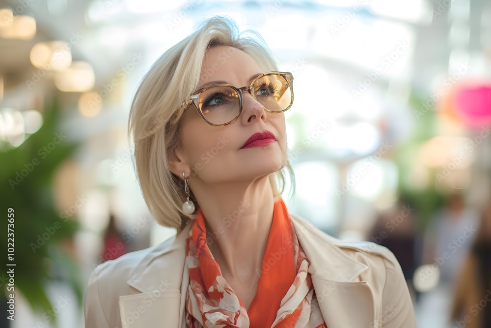 A stylish woman with blonde hair and oversized glasses looks upward, exuding confidence in a vibrant, contemporary setting. A stylish woman with blonde hair and oversized glasses looks upward, exuding confidence in a vibrant, contemporary setting.