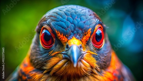 A close-up of a bird's face with intense red eyes and a sharp beak, revealing the intricate details of its plumage and a captivating stare. photo