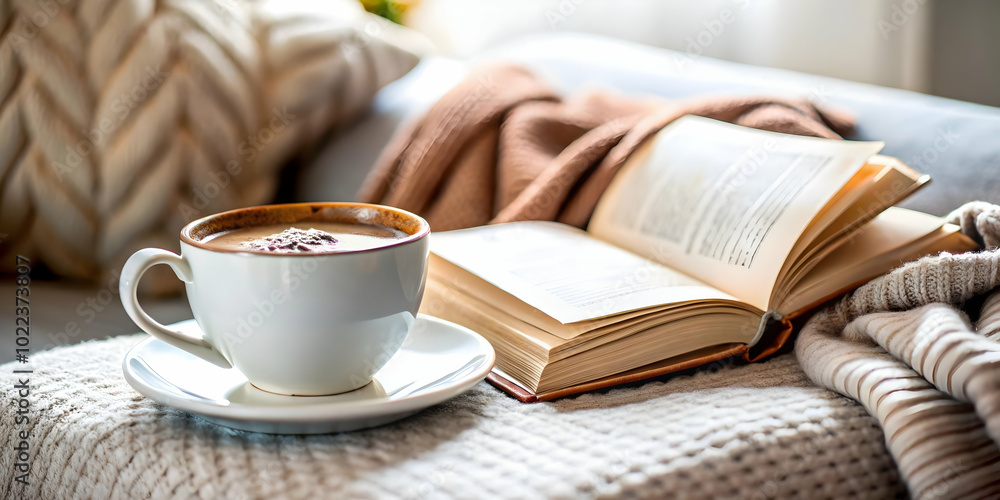 Soft Focus on a Cozy Cup of Cocoa and Open Book in a Comfortable Living Room � Close Up Shot with Shallow Depth of Field to Highlight Leisure and Warmth Soft Focus on a Cozy Cup of Cocoa and Open Book in a Comfortable Living Room � Close Up Shot with Shallow Depth of Field to Highlight Leisure and Warmth
