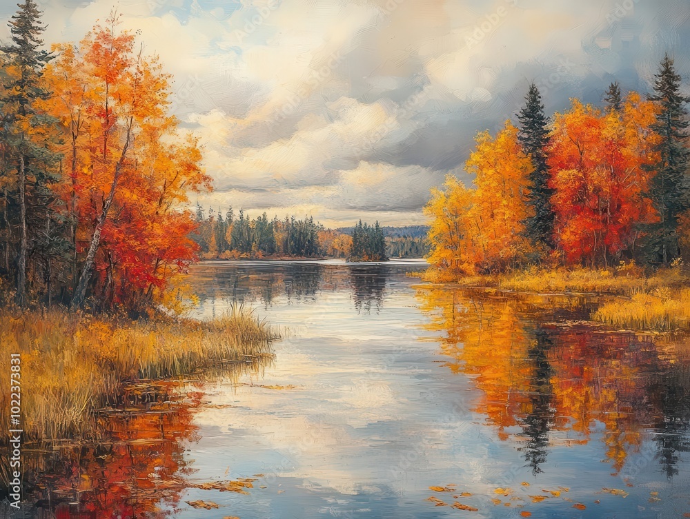 Obraz premium serene autumn landscape featuring a tranquil lake surrounded by vibrant fall foliage, with soft reflections in the water and a peaceful atmosphere capturing the essence of nature's beauty